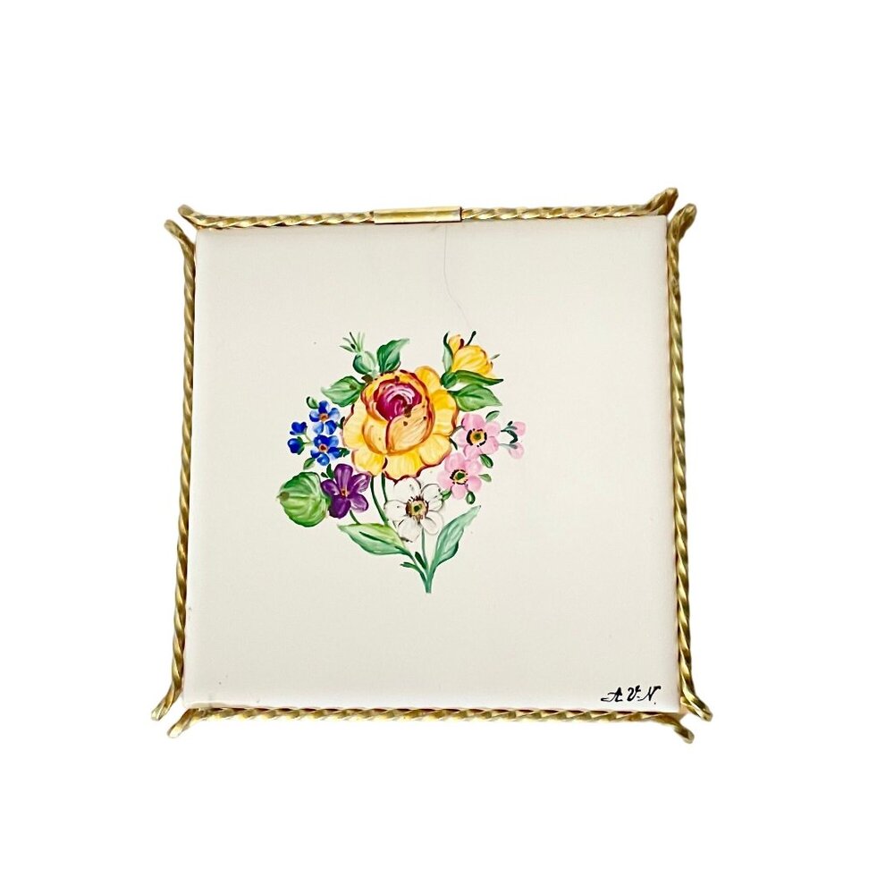 Vintage Tile Pot Holder Trivet with Metal Stand made Czchoslovakia hand painted.